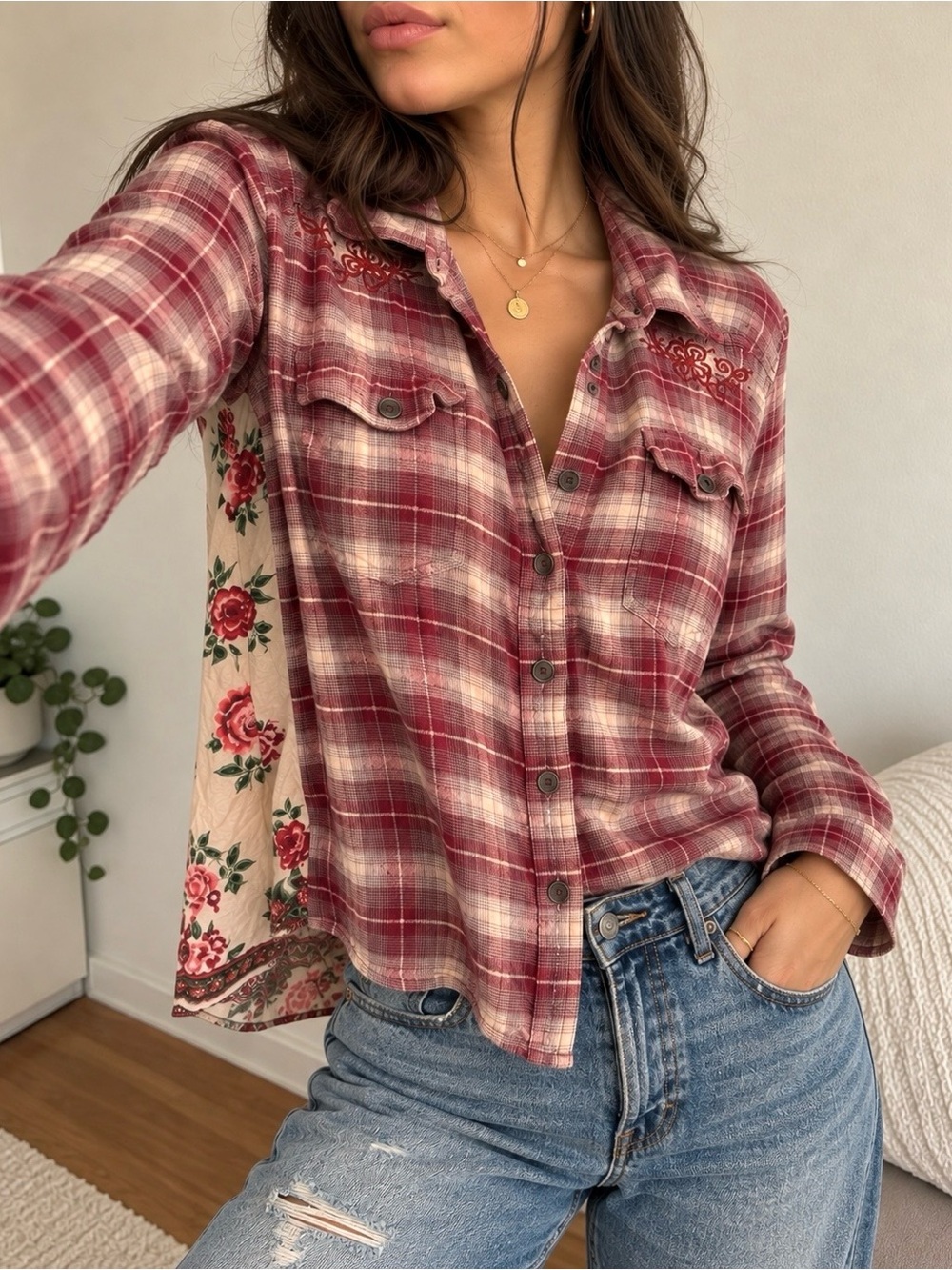 Vintage Nostalgia Plaid Floral Back Rayon Button Down Shirt XL Western Boho